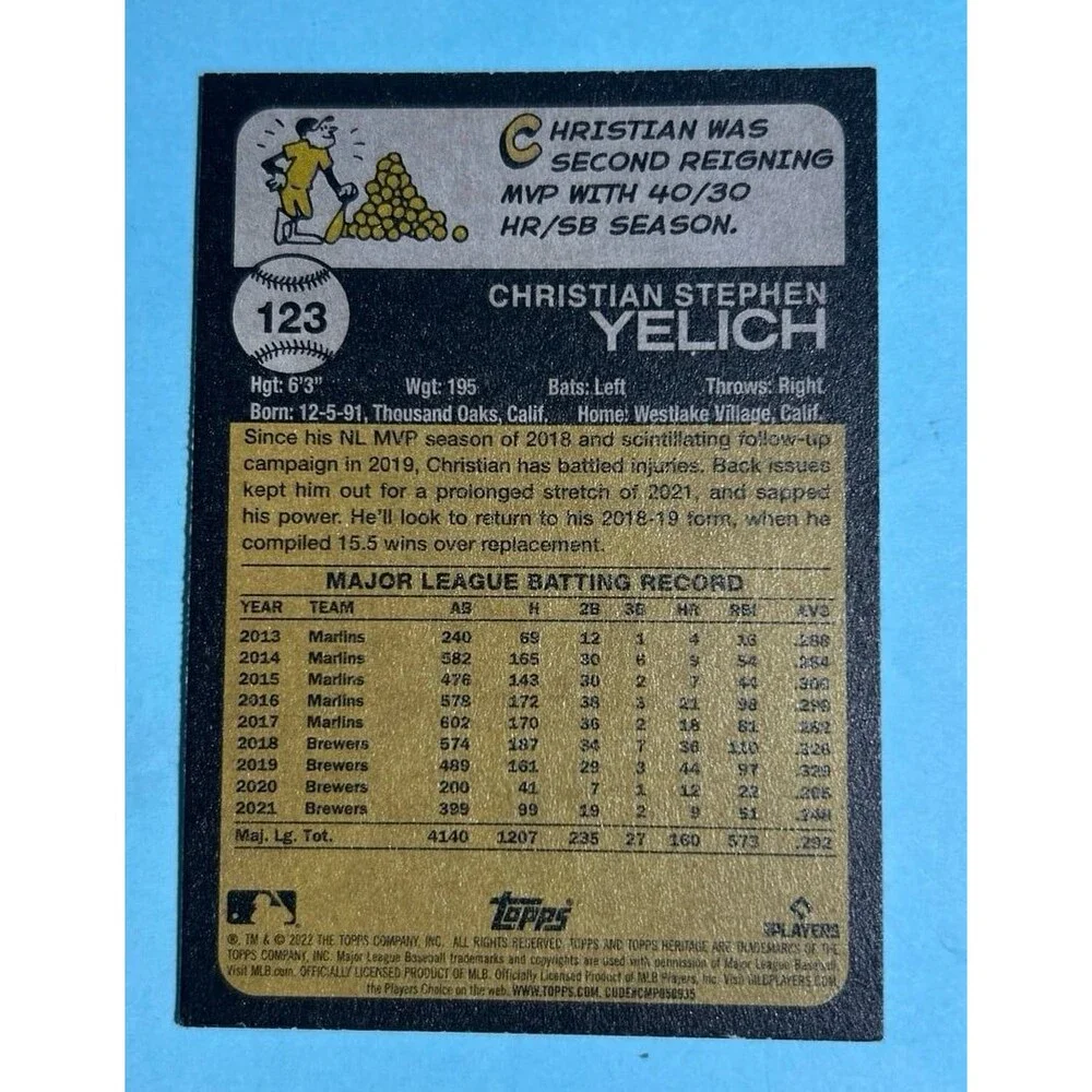Christain Yelich, Brewers 2022 Topps Heritage purple chrome card #123 - Picture 2 of 2